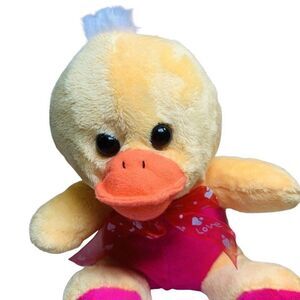 Yellow Pink Plush  Duck Chick Valentine’s  Day Bow Stuffed Sitting Animal Toy 8”
